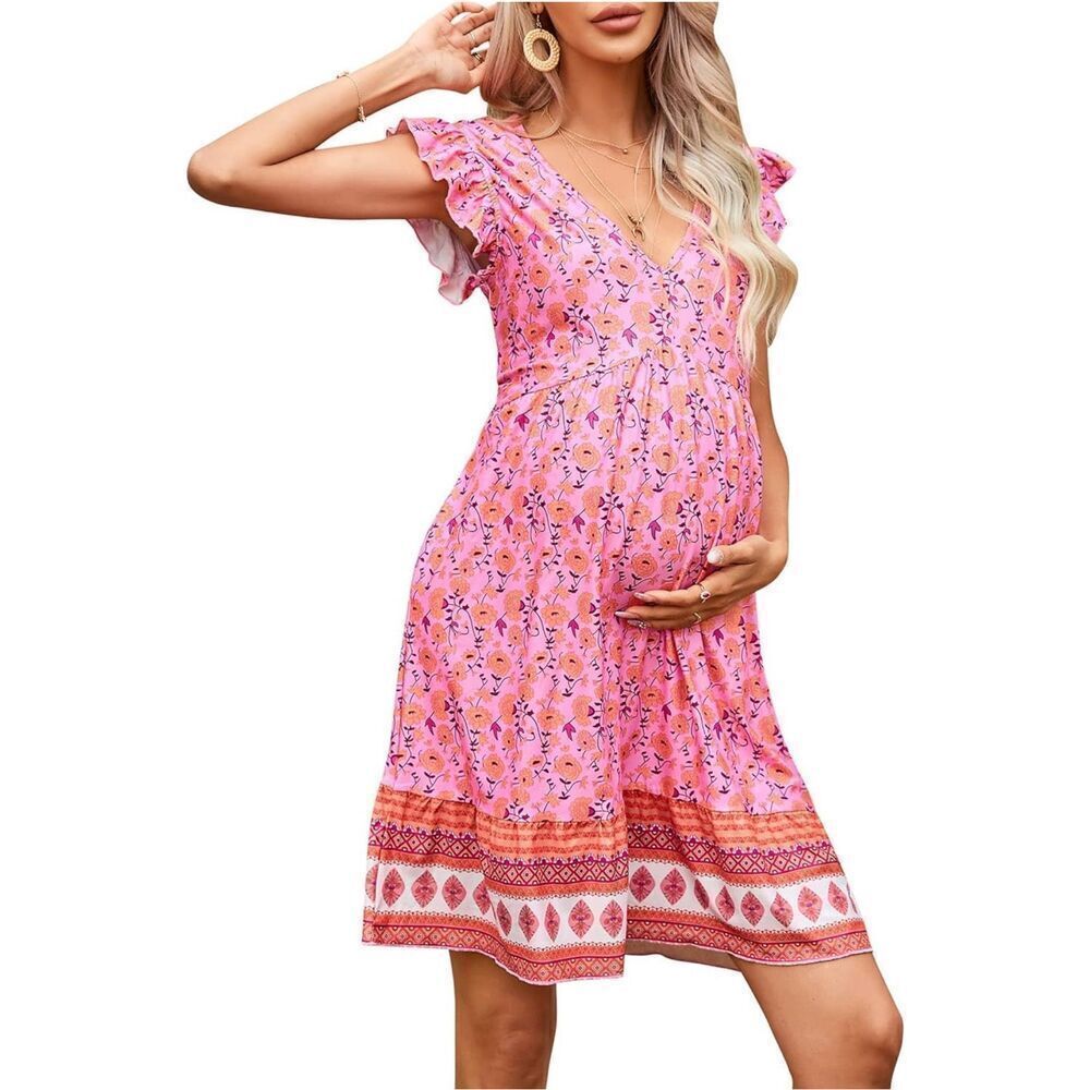 NEW Maternity Pink Ruffle Cap V Neck Floral Boho Dress L